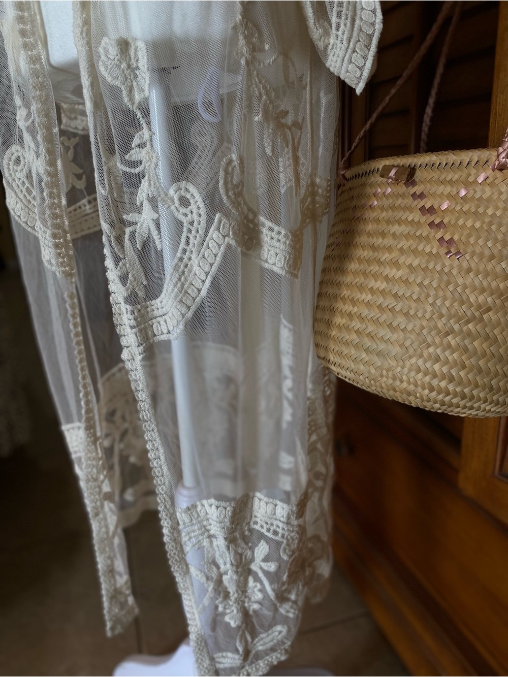 Camo Sheer Embroidered Lace Long Kimono in Cream - Picture 3 of 6